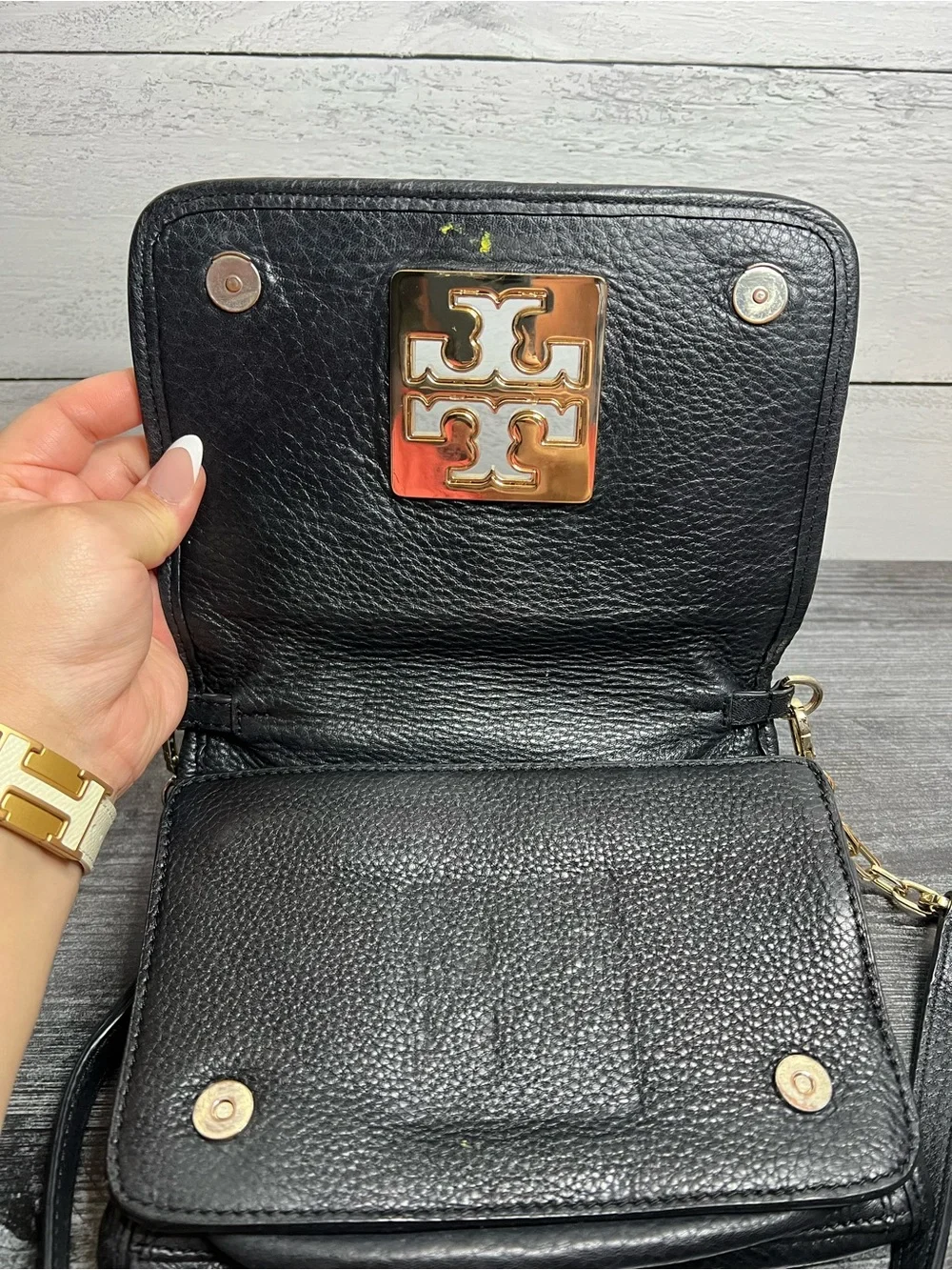 Tory Burch Black Pebbled Leather Crossbody Bag with Gold Hardware